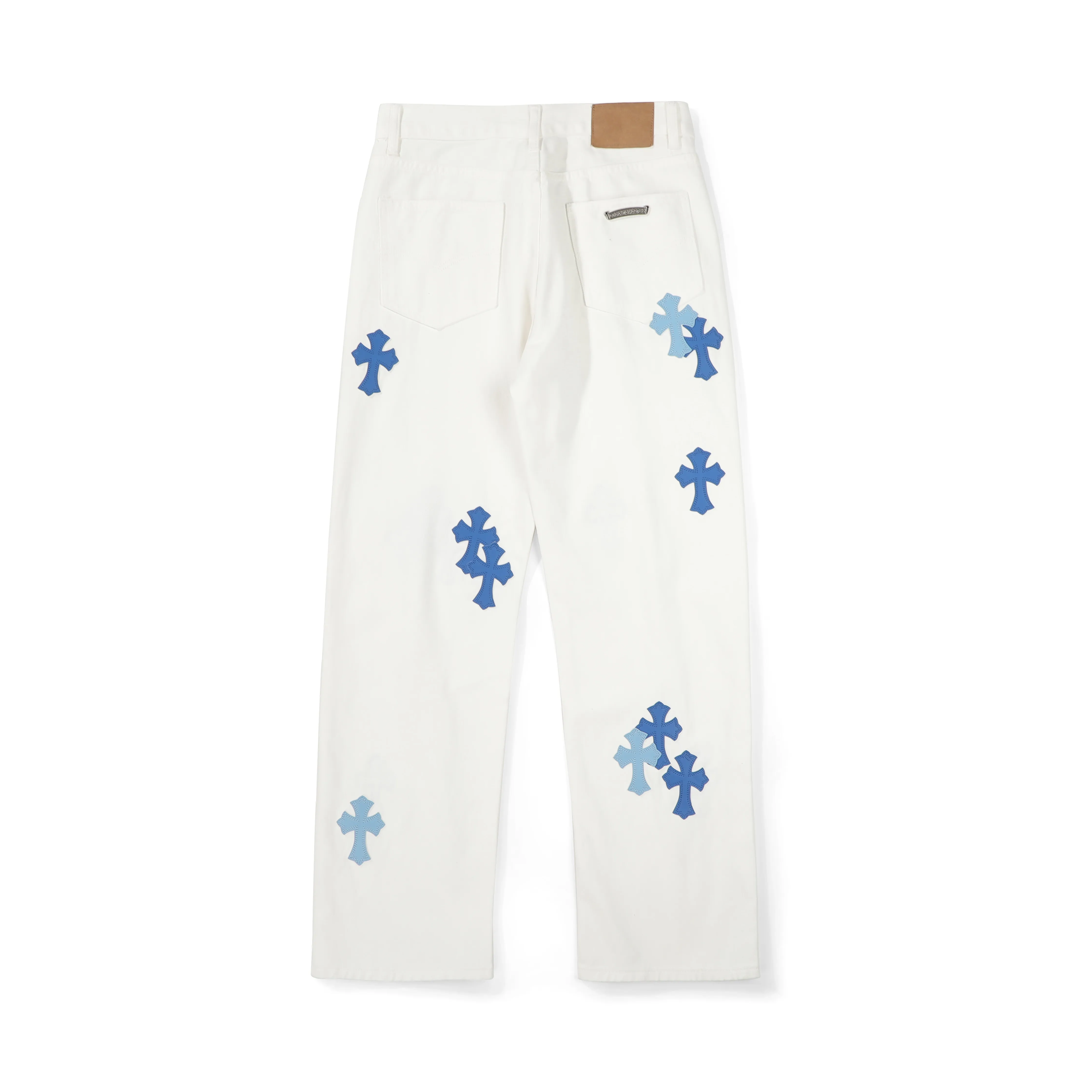 P230 💰 (Top version) Chrome Hearts/Chrome Hearts Classic white and blue series colored leather cross washed color fabric unisex denim trousers Vibe style straight stacked god-level version Carbon fine bias denim color cloth Old vintage full set of hardware - Chrome Hearts white cow series The high version uses high-ounce customized fabrics, fermentation washing and soft color fixation, soft and thick to wear, the details are all made by hand-polished craftsmanship, all-over printed jacquard fabric Unique design style. Through multiple processes to create a full retro feel. Unique niche non-contrast shirt. Customized distressed spray-painted buttons. Craftsmanship in every detail. Color: white and blue. Size: 28-30-32-34 (corresponding to S-M-L-XL)